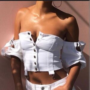 Lovers + Friends Puff Sleeve Snap Button Front Crop Top White Denim Top Size XS